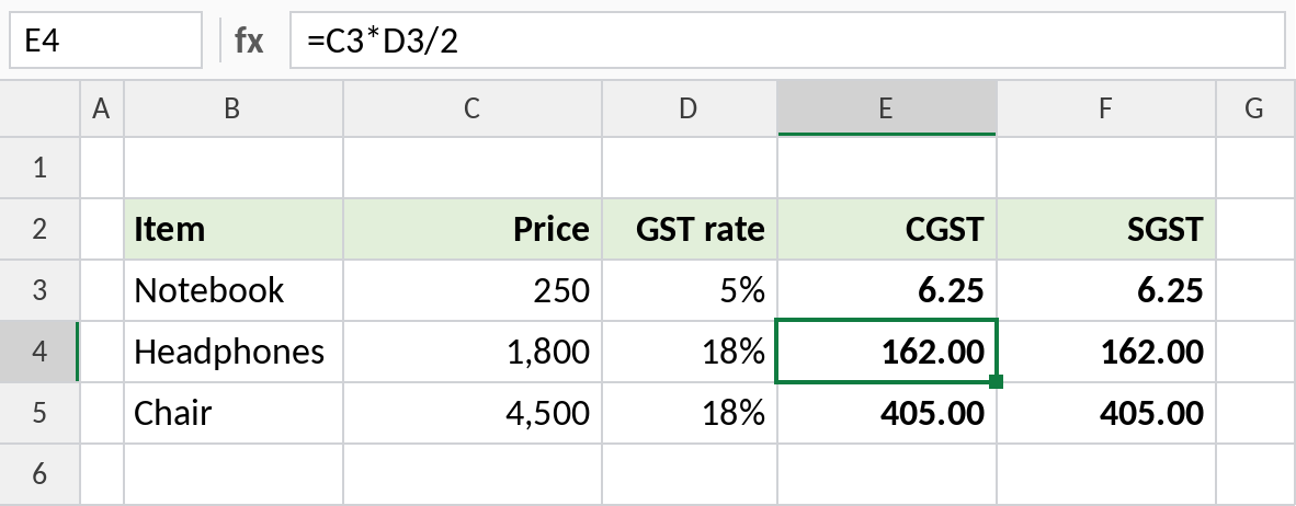 Excel formulas splitting GST into CGST and SGST