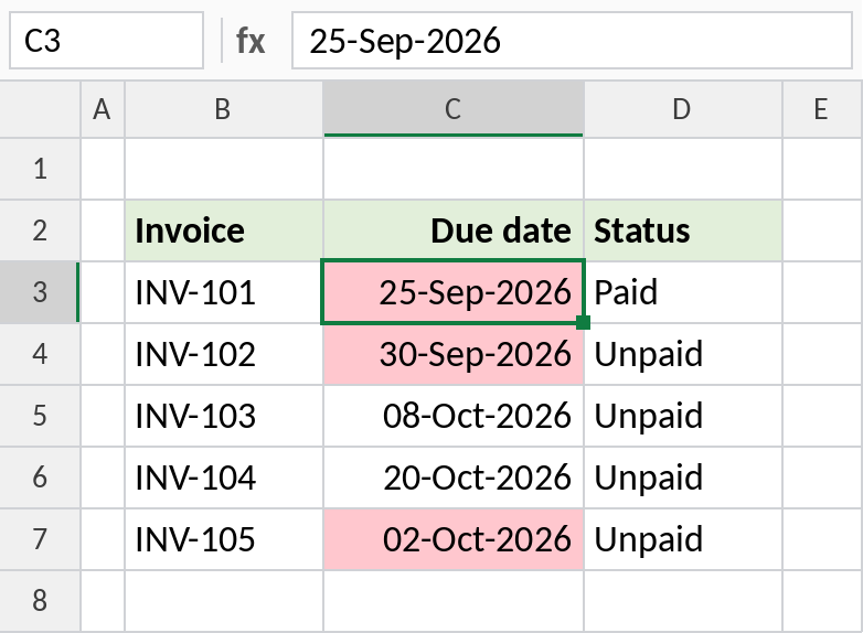 Excel conditional formatting highlighting due dates before today