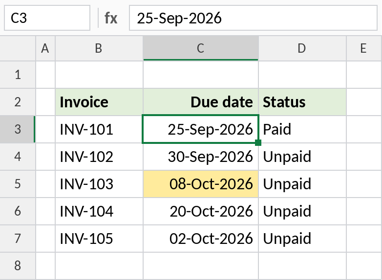 Excel conditional formatting highlighting dates due within the next seven days