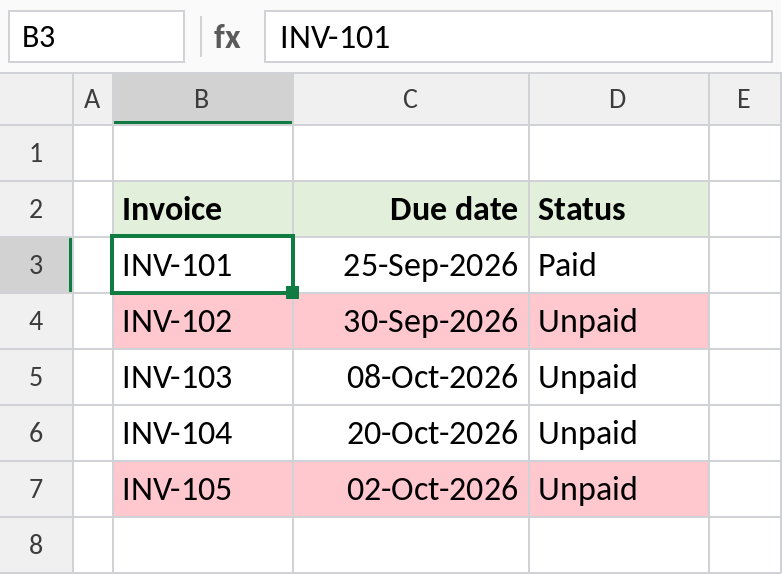 Excel conditional formatting highlighting unpaid invoices that are past due