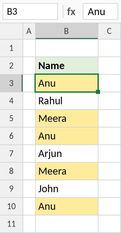 Excel conditional formatting highlighting every duplicate name