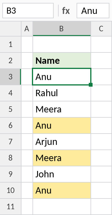 Excel conditional formatting highlighting only the second and later occurrences of a name