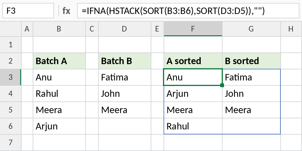 Excel HSTACK placing two sorted lists side by side with IFNA hiding the gap