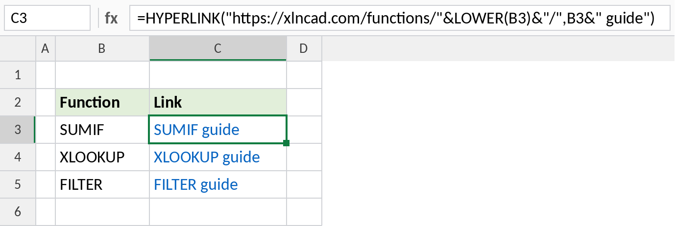 Excel HYPERLINK creating clickable links to function guide pages