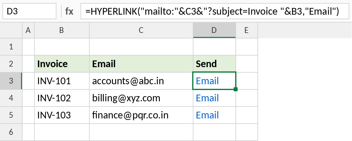 Excel HYPERLINK creating email links with the invoice number in the subject