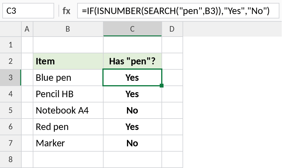Excel IF ISNUMBER SEARCH checking whether each item contains the word pen