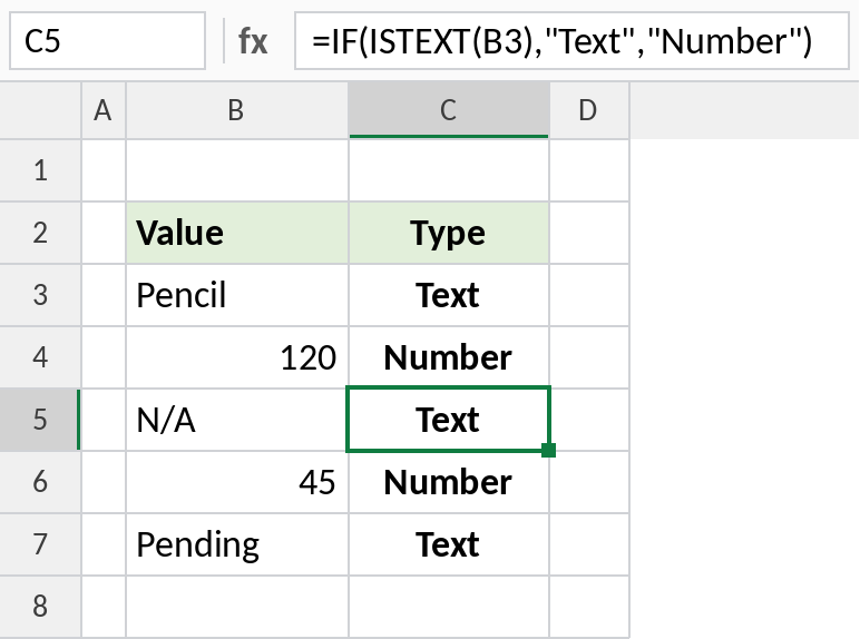 Excel IF ISTEXT showing whether each value is text or a number