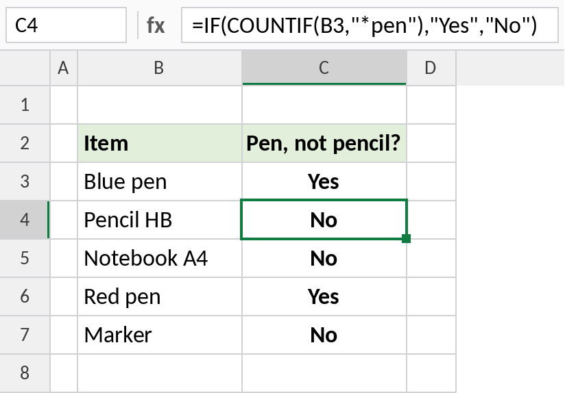 Excel IF COUNTIF with a wildcard matching items that end with pen