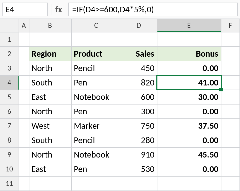 Excel IF returning a 5% bonus for sales of 600 or more, otherwise 0