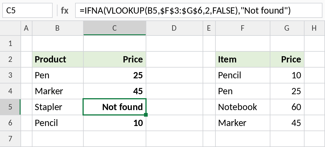 Excel IFNA replacing #N/A with Not found for a missing product