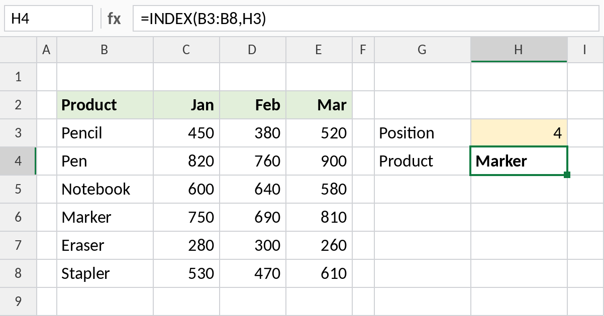 Excel INDEX returning the 4th product in a list, Marker