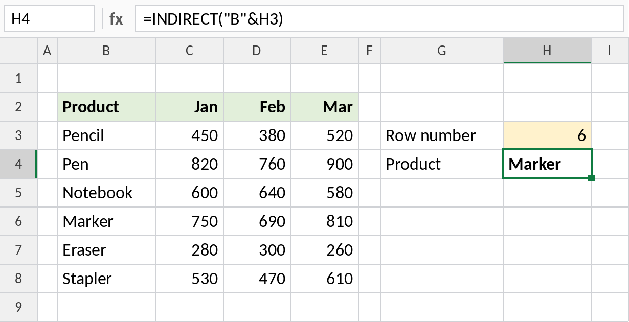 Excel INDIRECT returning the product in the row number typed in H3