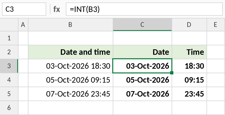 Excel INT splitting date-time values into date and time