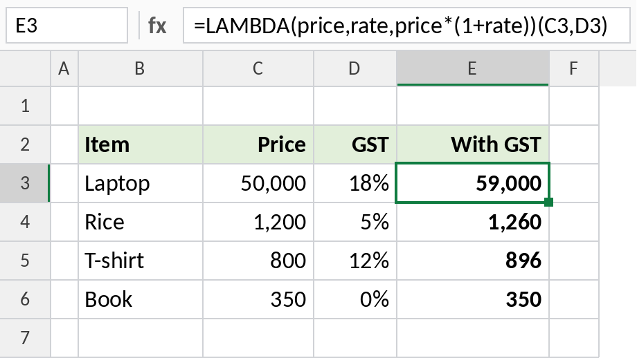 Excel LAMBDA calculating a price including GST, tested directly in a cell