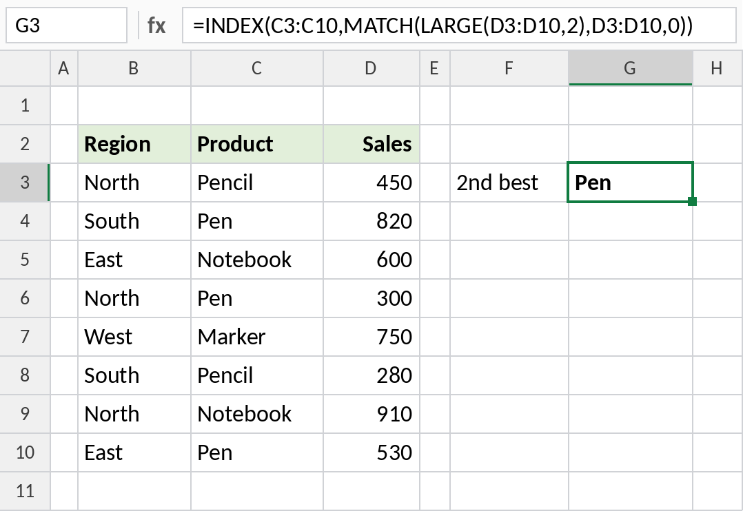 Excel INDEX MATCH LARGE returning the product with the second-highest sale