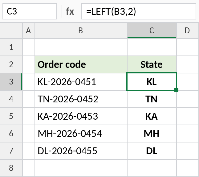 Excel LEFT extracting the two-letter state code from order codes