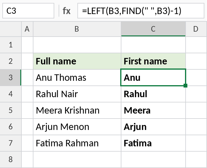 Excel LEFT with FIND extracting first names from full names
