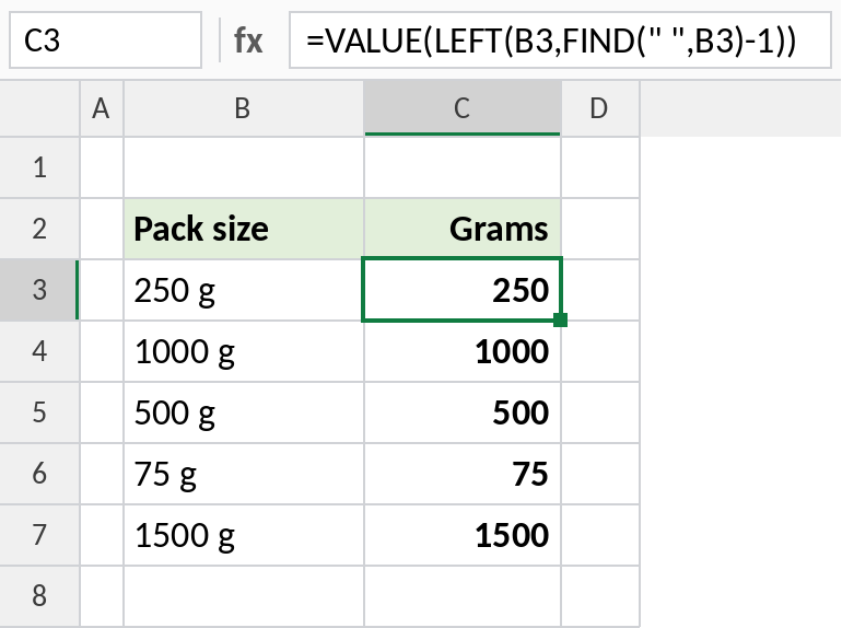 Excel VALUE and LEFT converting pack sizes to numbers