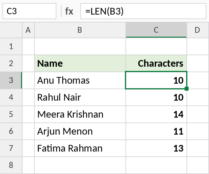 Excel LEN counting characters in names, including the space