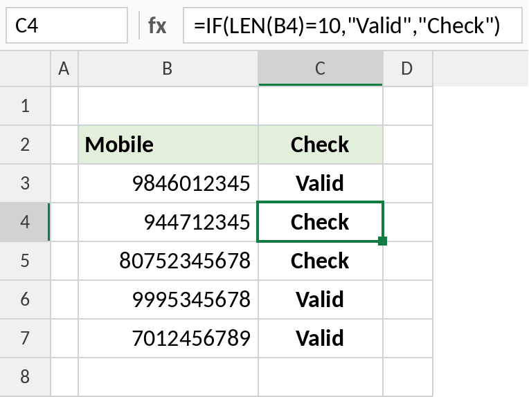 Excel LEN inside IF flagging mobile numbers that are not 10 digits
