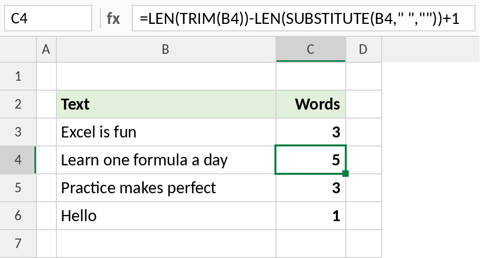 Excel LEN and SUBSTITUTE counting words in a cell