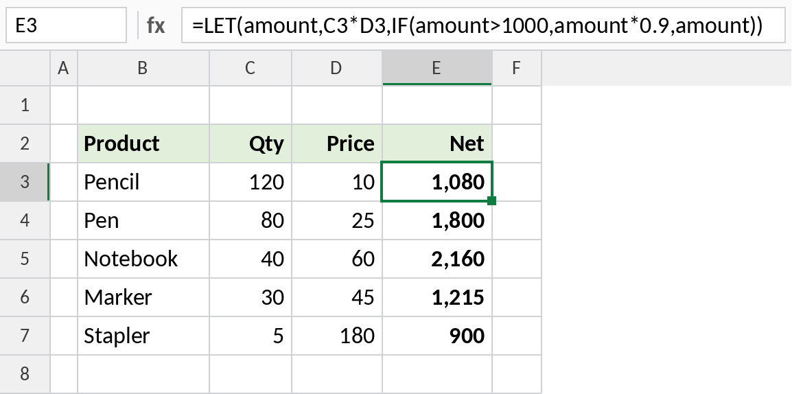 Excel LET naming the order amount and applying a discount above 1000