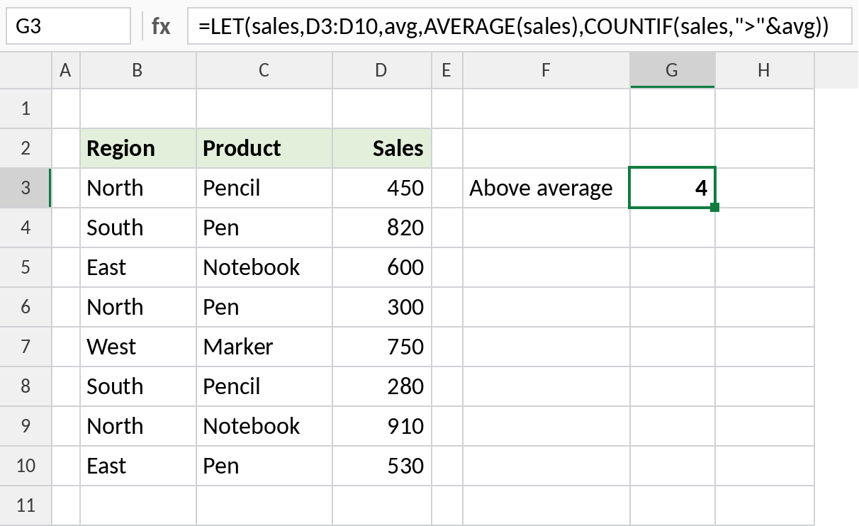 Excel LET counting sales above the average using named values