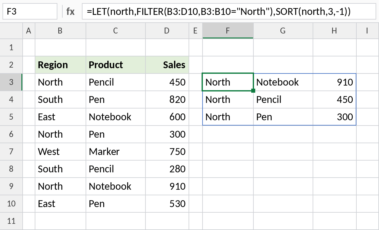 Excel LET storing a FILTER result and sorting it
