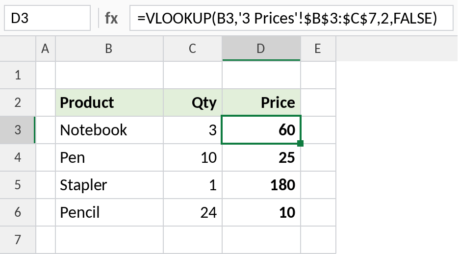 Excel VLOOKUP returning prices from another sheet