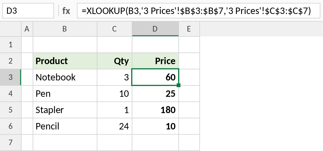 Excel XLOOKUP returning prices from another sheet