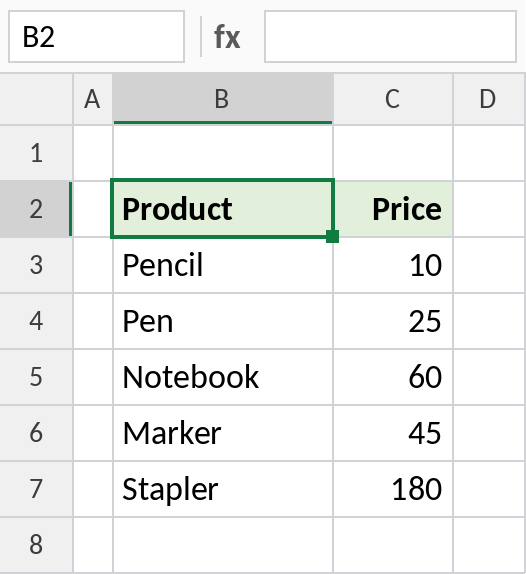 Excel Prices sheet used as a lookup table