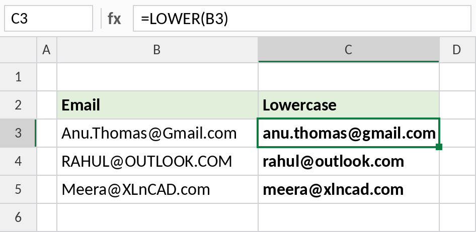 Excel LOWER converting email addresses to lowercase