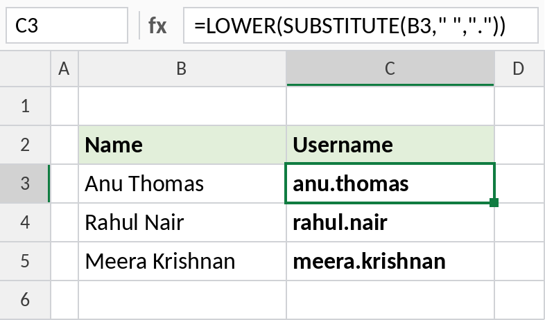 Excel LOWER and SUBSTITUTE creating usernames from full names