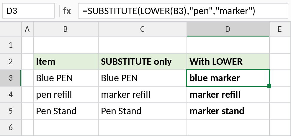 Excel LOWER inside SUBSTITUTE replacing text in any case