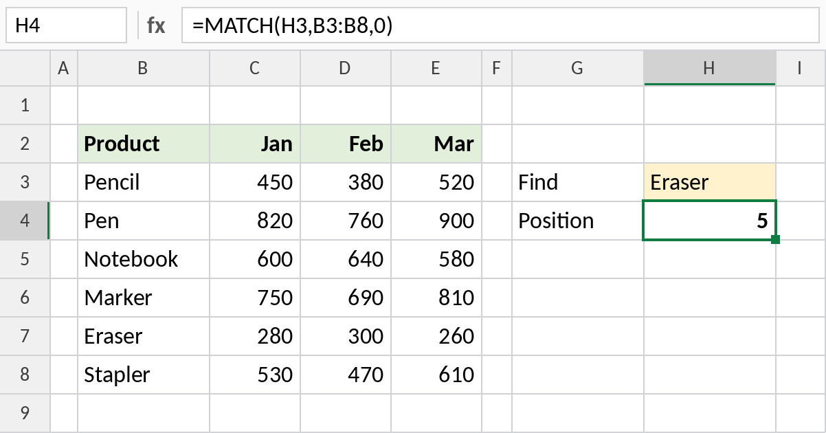 Excel MATCH returning position 5 for Eraser