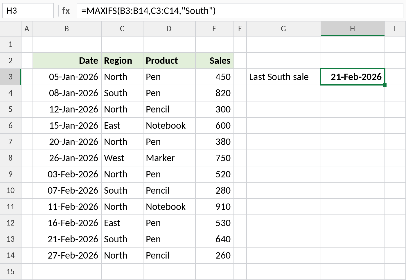 Excel MAXIFS returning the latest South sale date