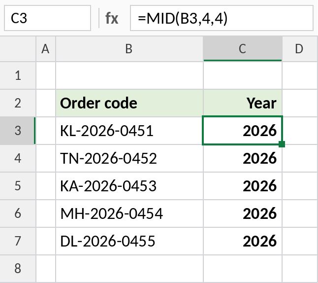 Excel MID extracting the year from order codes