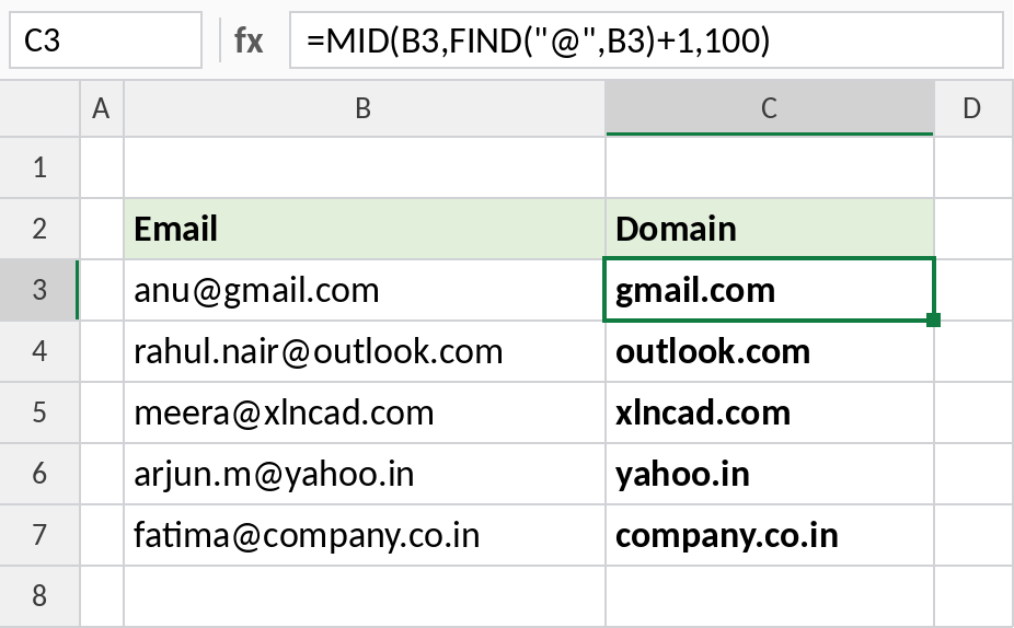 Excel MID with FIND extracting the domain from email addresses