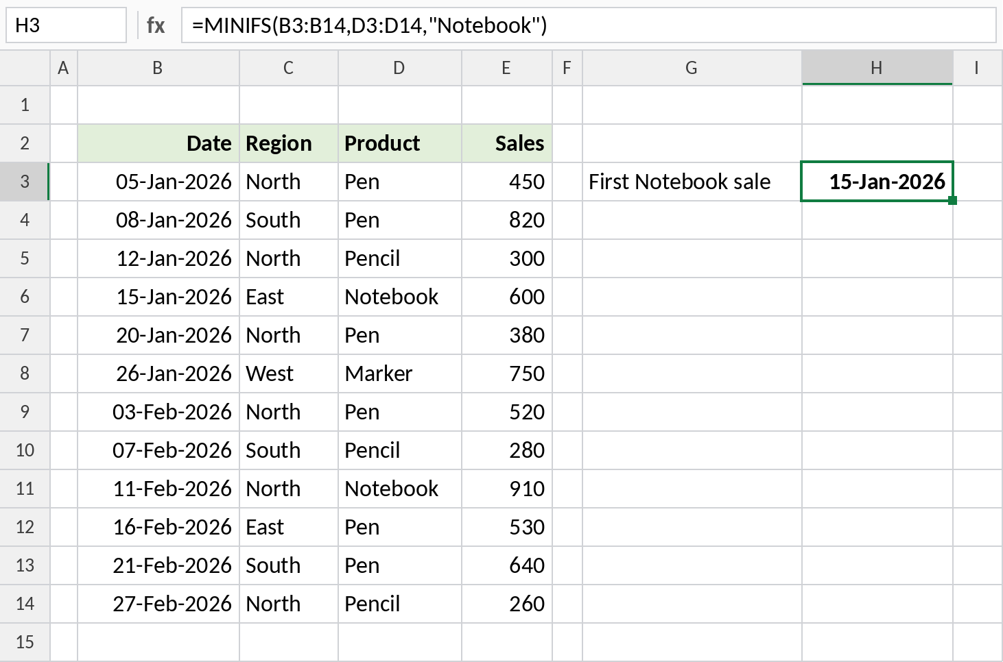 Excel MINIFS returning the first Notebook sale date