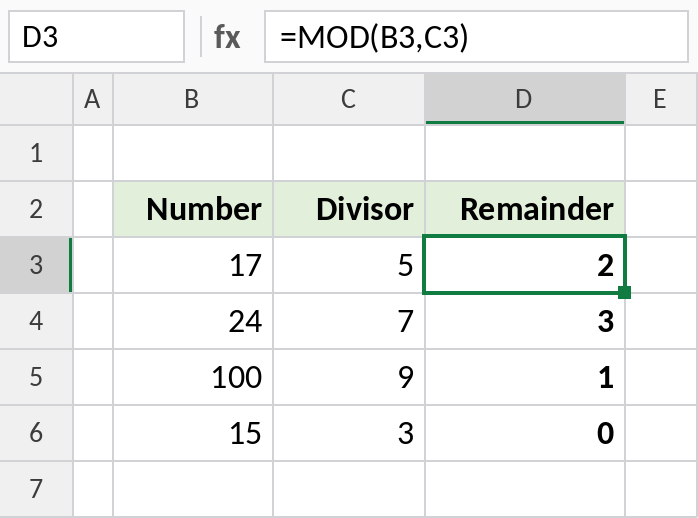 Excel MOD returning the remainder of divisions
