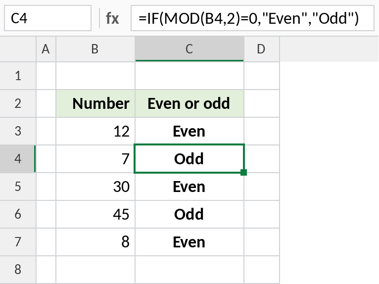 Excel MOD inside IF labelling numbers as even or odd