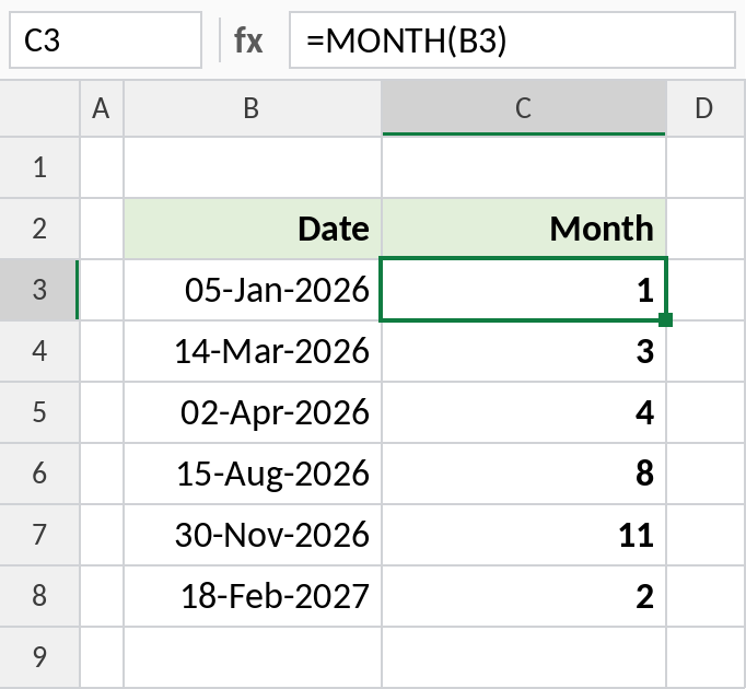 Excel MONTH function returning month numbers from dates
