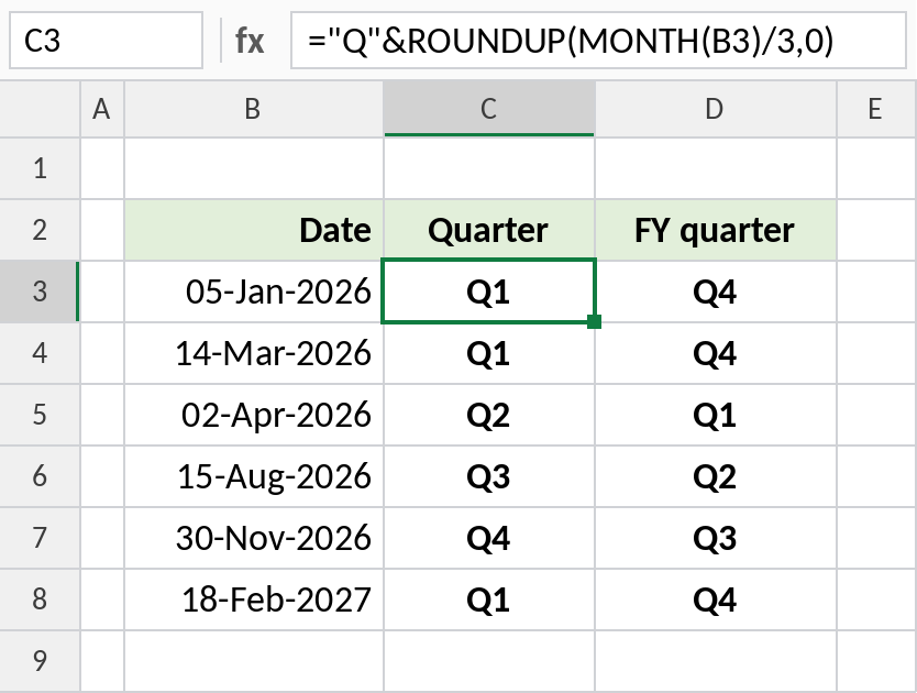 Excel MONTH with ROUNDUP returning calendar and financial-year quarters