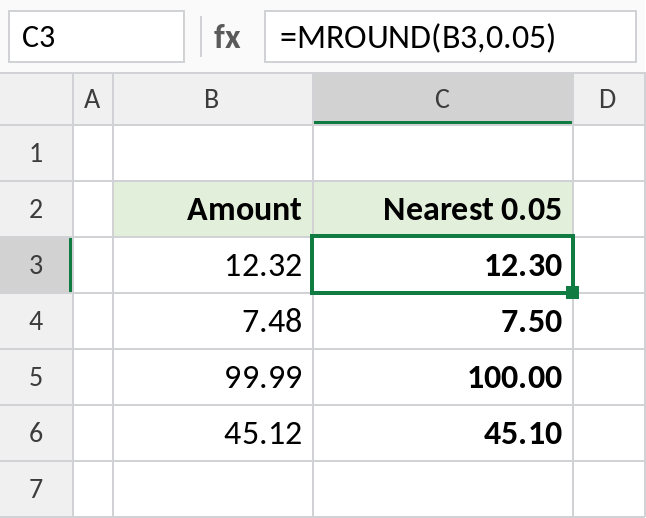 Excel MROUND rounding amounts to the nearest 0.05