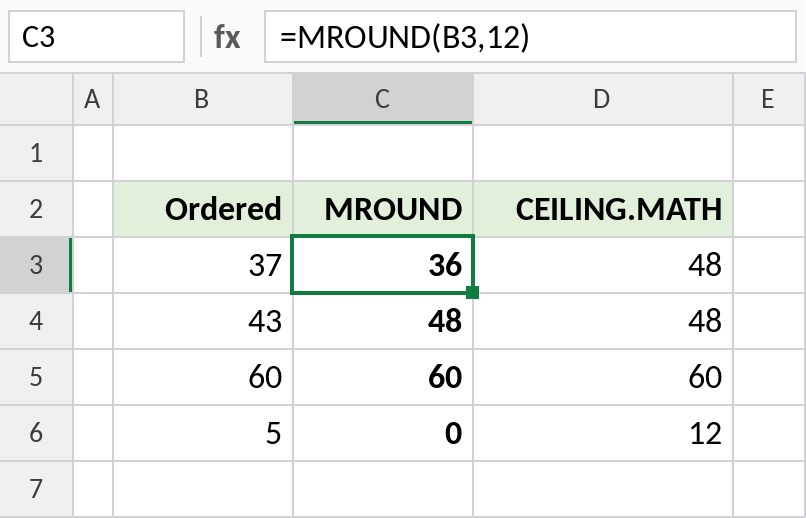 Excel MROUND versus CEILING.MATH rounding order quantities to boxes of 12