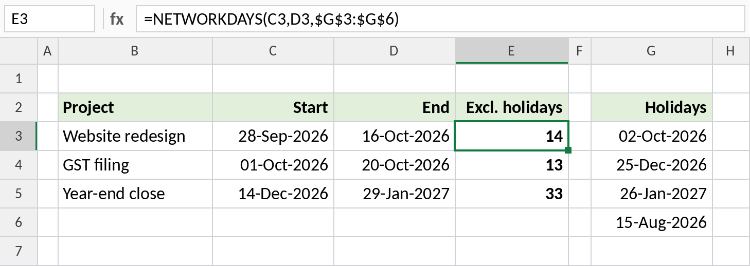 Excel NETWORKDAYS excluding a list of holidays