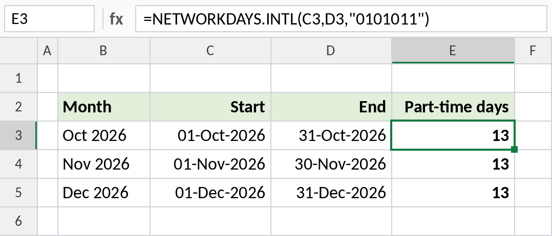 Excel NETWORKDAYS.INTL counting part-time working days with a custom weekday pattern
