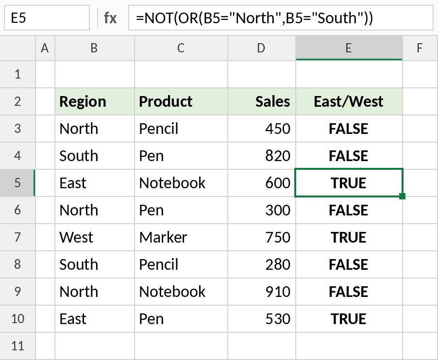 Excel NOT with OR flagging rows that are not North or South