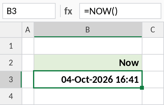 Excel NOW function showing the current date and time