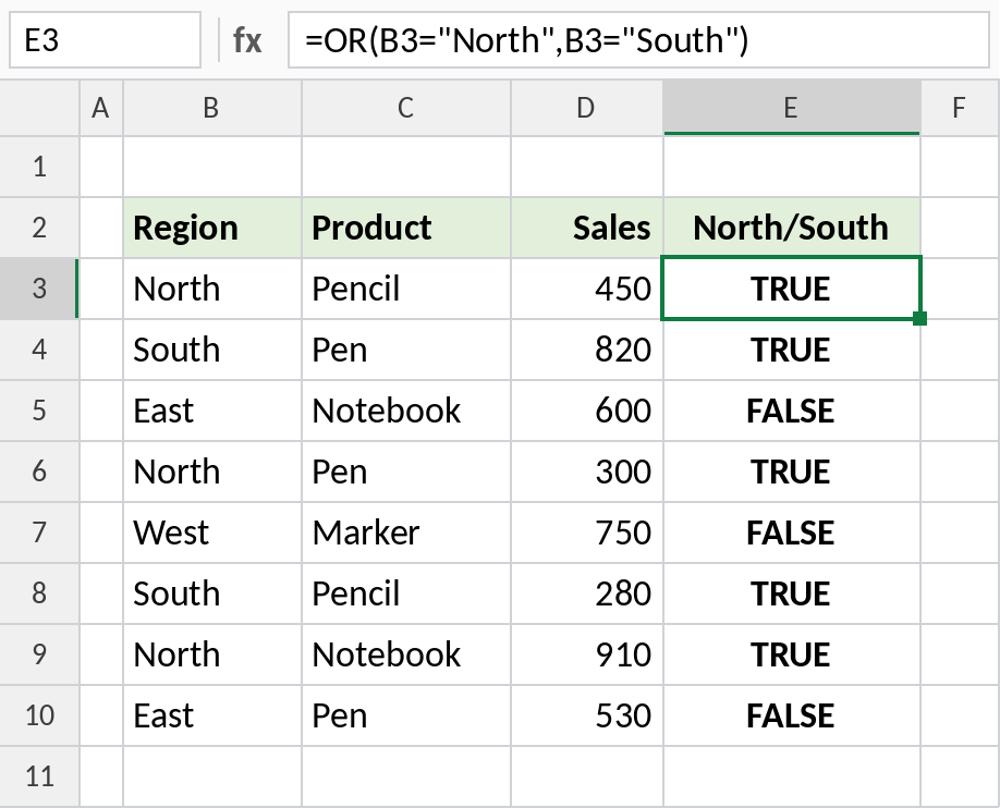 Excel OR checking whether the region is North or South